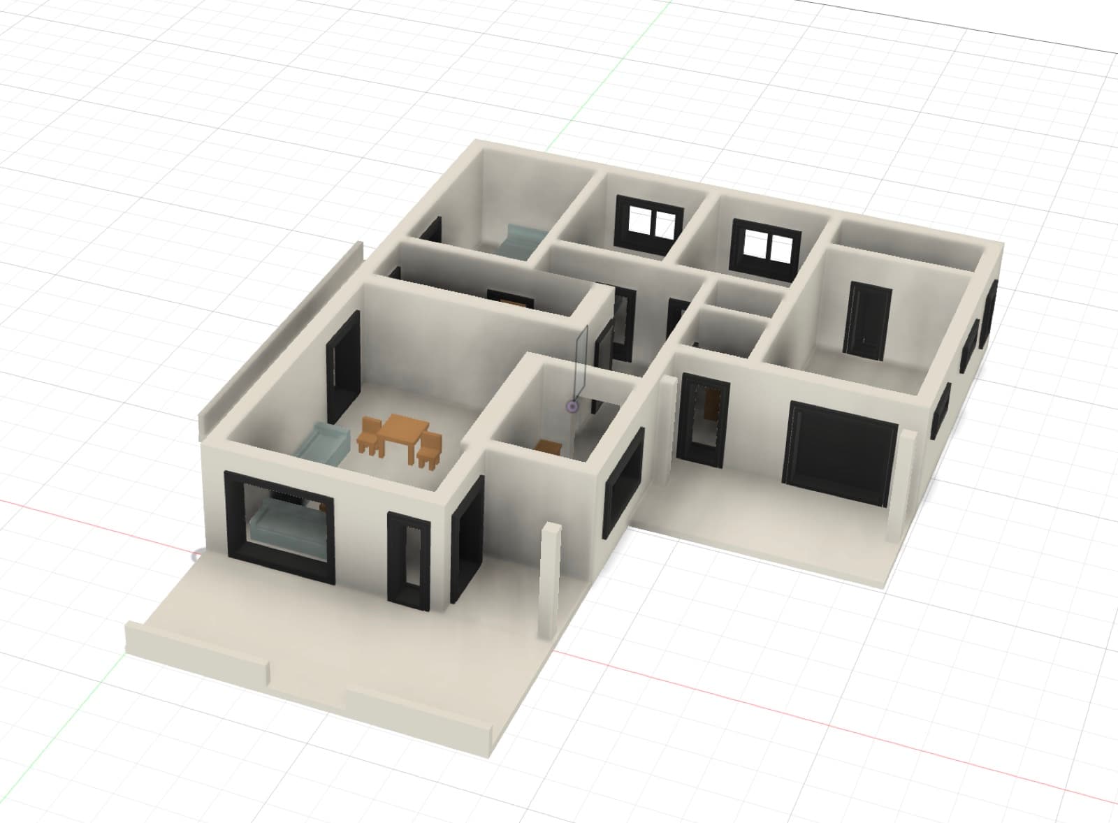 Подготовленная цифровая 3D-модель планировки дома со стенами, проёмами и мебелью